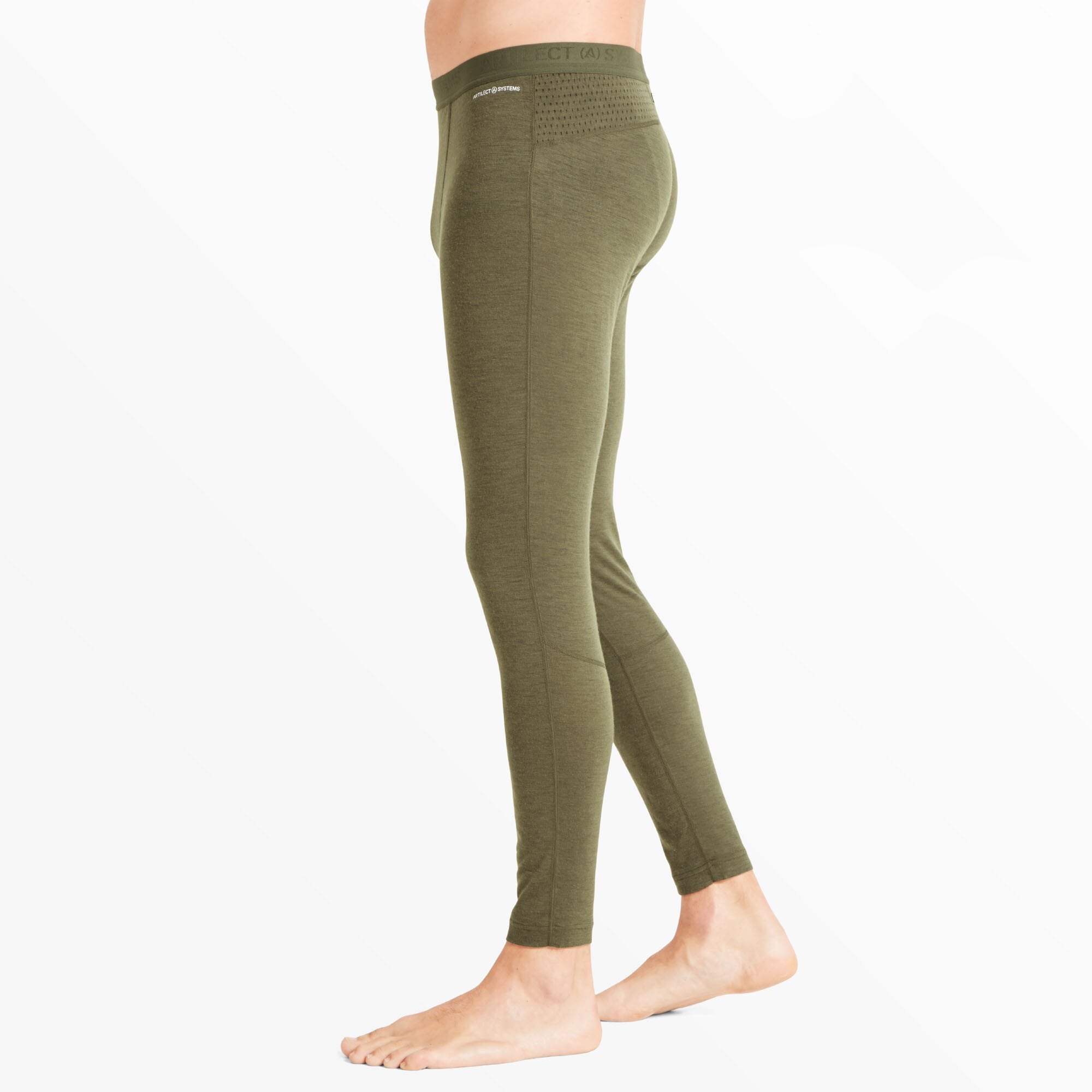 A side view of the model showcasing the Artilect Performance Mens Boulder 125 Leggings' snug fit along the legs and the contouring around the hip. The waistband is seamless and shows a subtle tonal “ARTILECT SYSTEMS” branding. The leggings feature perforated paneling at the hip for breathability.
