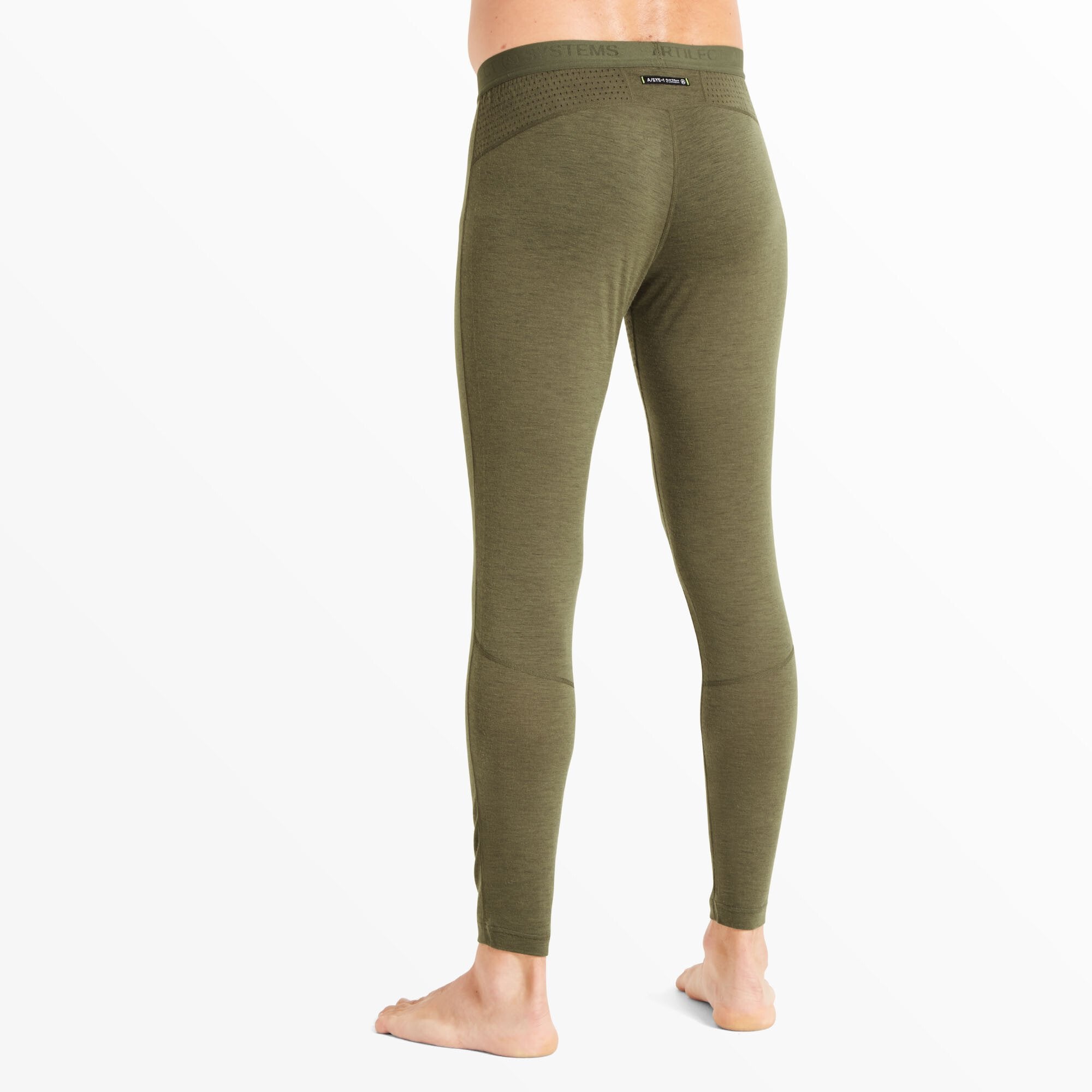 The back of the Artilect Performance Mens Boulder 125 Legging Green, showing the clean design and supportive fit. The waistband is slightly raised and features black branding. The performance fabric hugs the legs and has minimal stitching, enhancing comfort and flexibility.