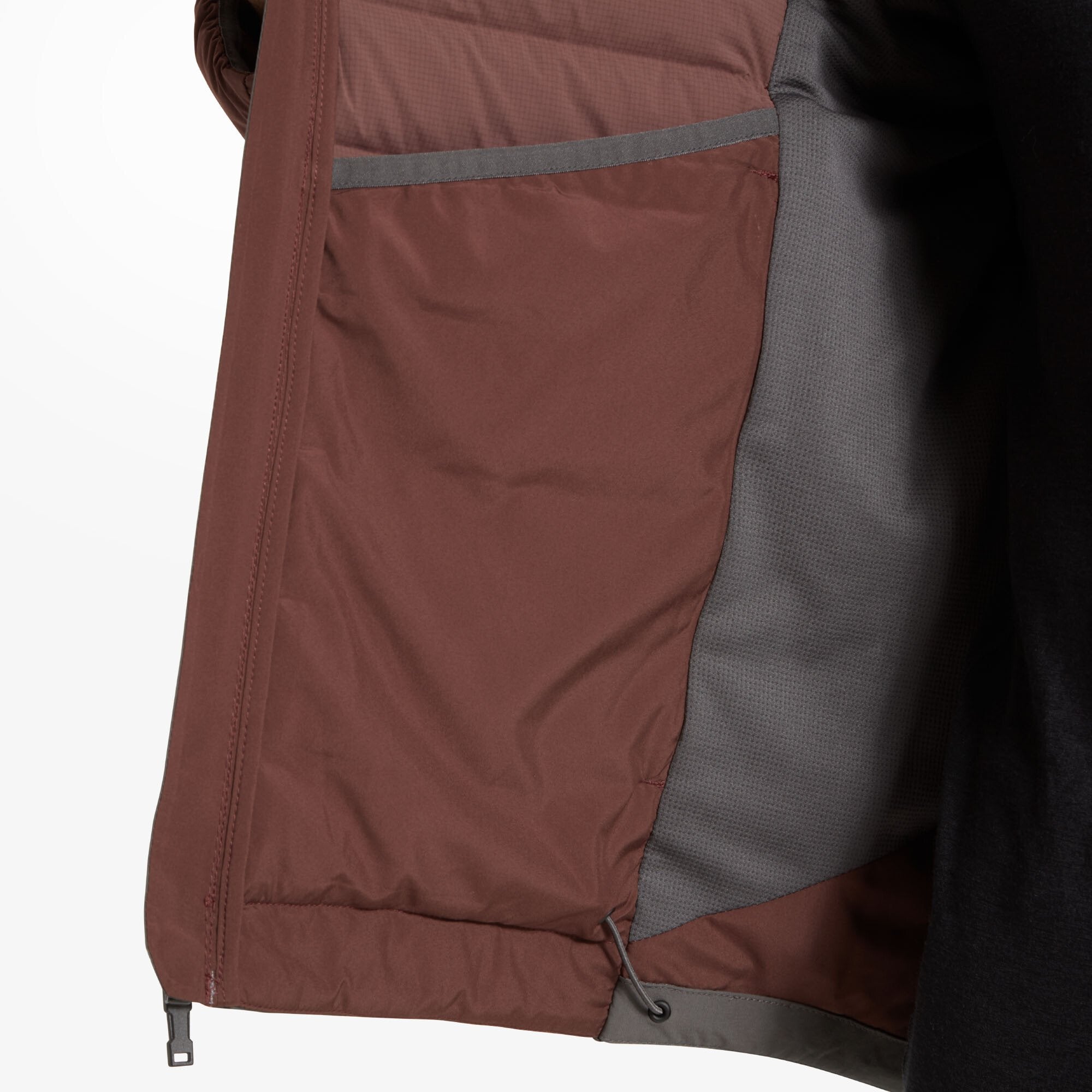 Interior view of the Artilect Performance Mens Divide Fusion Stretch Hoodie Burgundy with the left side opened. The image showcases the jacket's inner lining and a large internal pocket made of the same burgundy fabric, with grey accents on the opposite side.