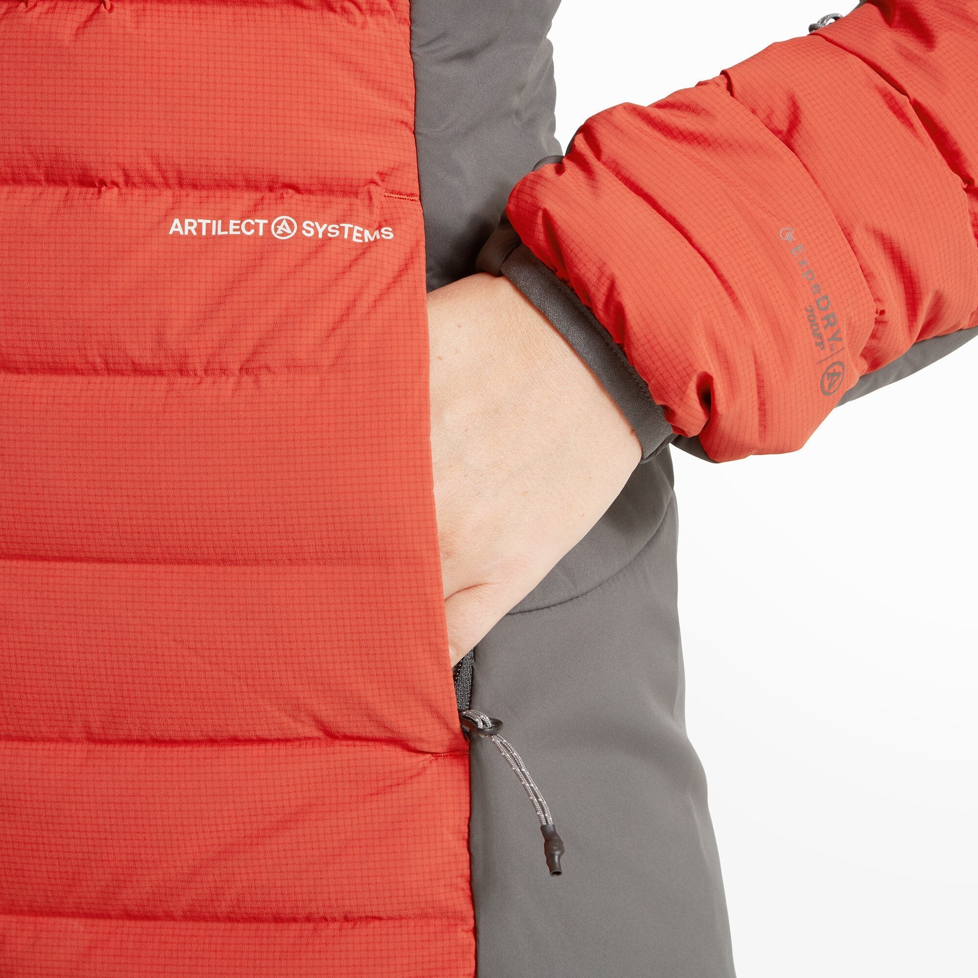 Close-up of the upper front of the Artilect Performance Womens Divide Fusion Stretch Hoodie Red focused on the collar and zipper area. The red insulated fabric forms a snug collar around the neck, with the hood resting behind. The zipper is centered and slightly covered by overlapping fabric.
