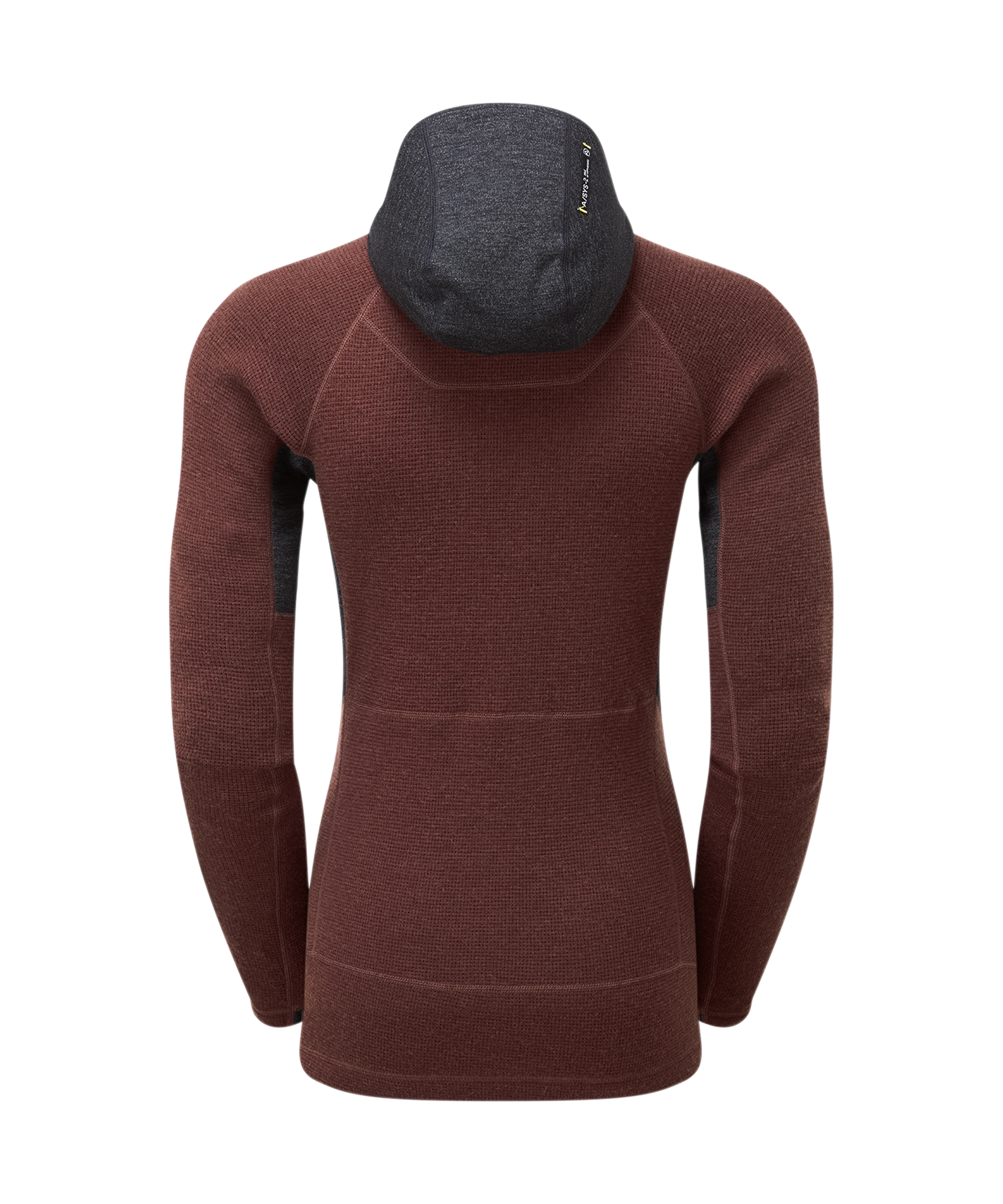 A front-facing view of a woman wearing the Artilect Performance Womens Sundown 250 Half Zip Top Burgundy. The top features a high collar, a half-zip design, black contrast panels under the arms and along the sides, and zippered kangaroo-style pockets on the front. She stands with a relaxed posture, looking to the side.