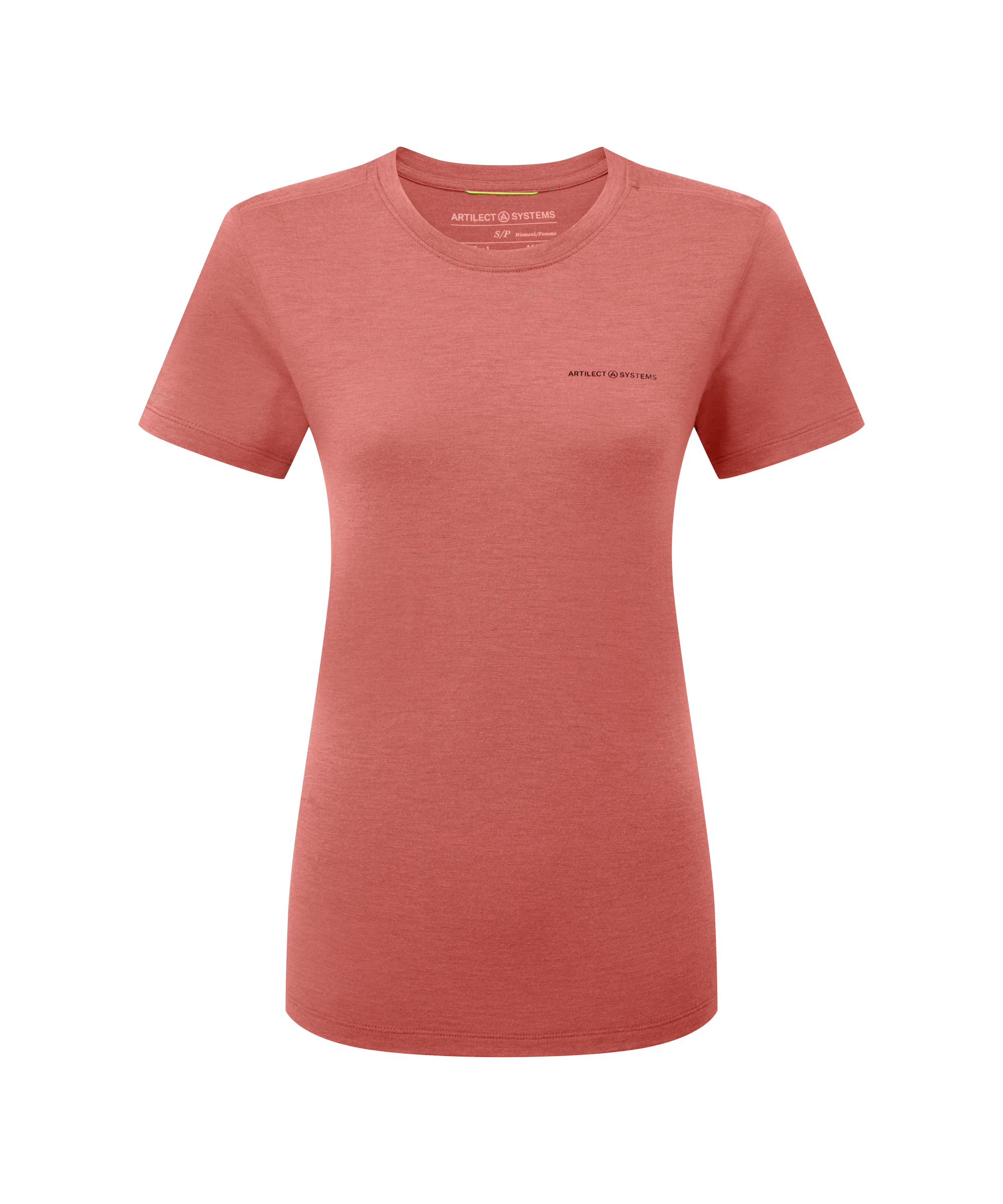 A women's fitted short‑sleeve T‑shirt in a muted coral pink color, shown in a flat front‑facing product view against a white background. The shirt features a small ARTILECT logo printed on the left chest.