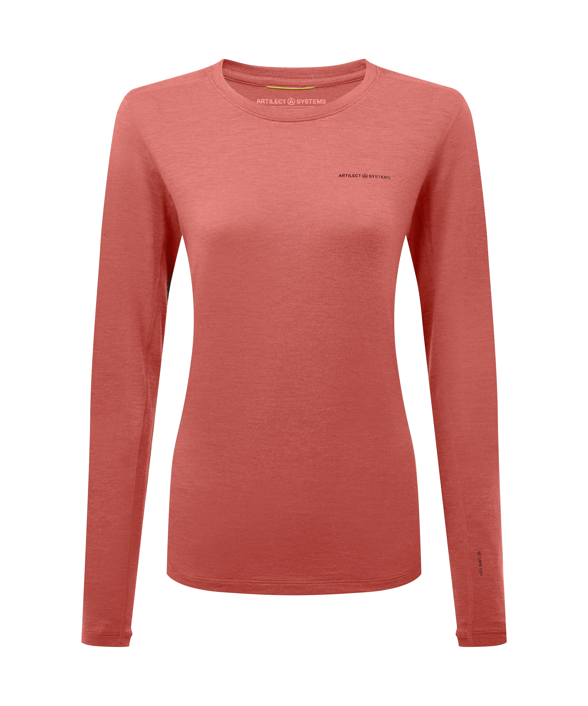 A women’s fitted long‑sleeve crew‑neck top in a muted coral pink color, shown in a clean, front‑facing product view against a white background. The top features a small ARTILECT logo on the left chest and a minimalist, streamlined design.