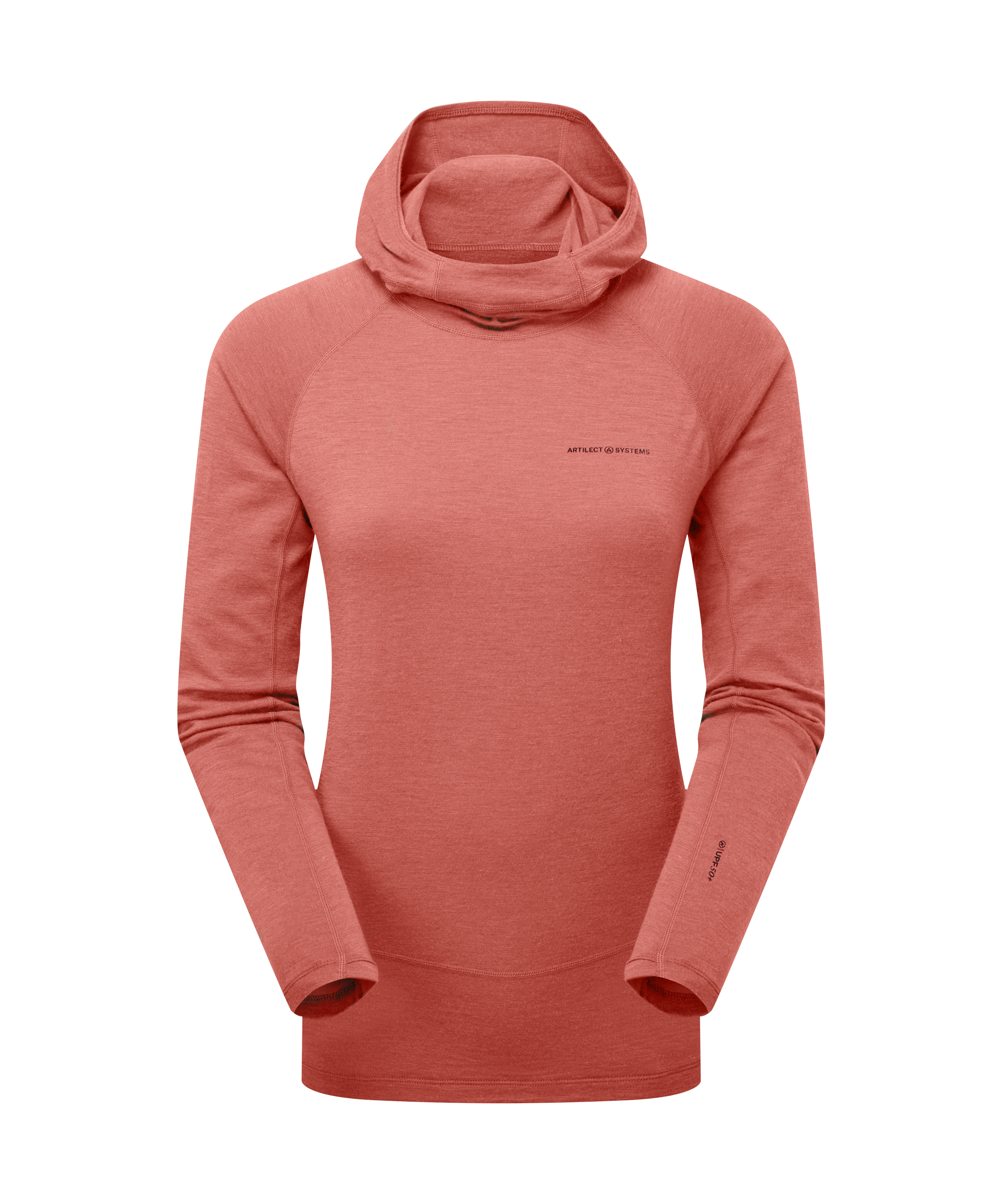 A women’s lightweight long‑sleeve hooded top in a muted coral pink color, shown in a clean, front‑facing product view against a white background. The top features a relaxed cowl-style hood, raglan sleeves, integrated thumbholes, and a small ARTILECT logo on the left chest.
