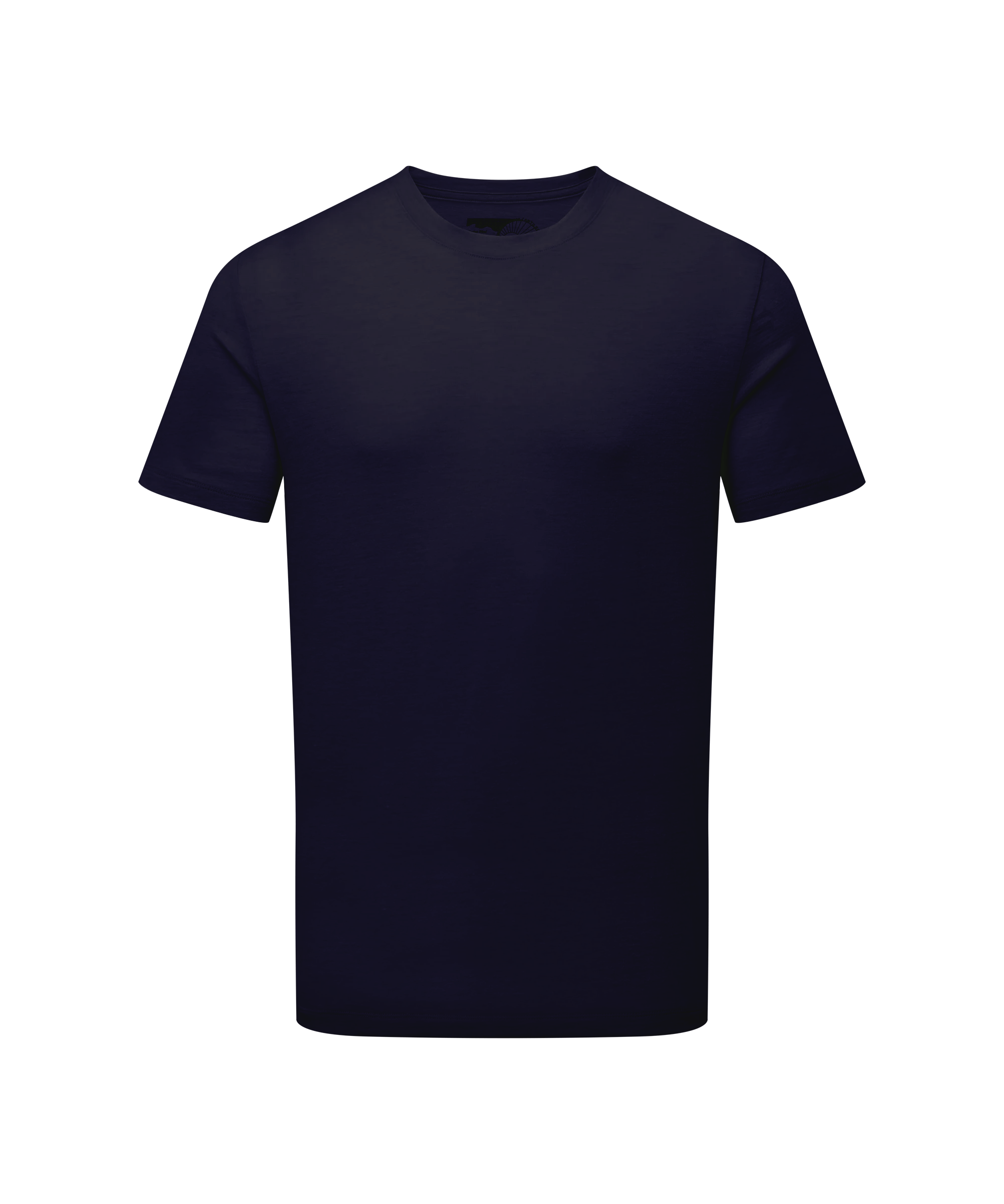 A plain navy short-sleeve T-shirt displayed on a white background in a flat, front-facing product view.
