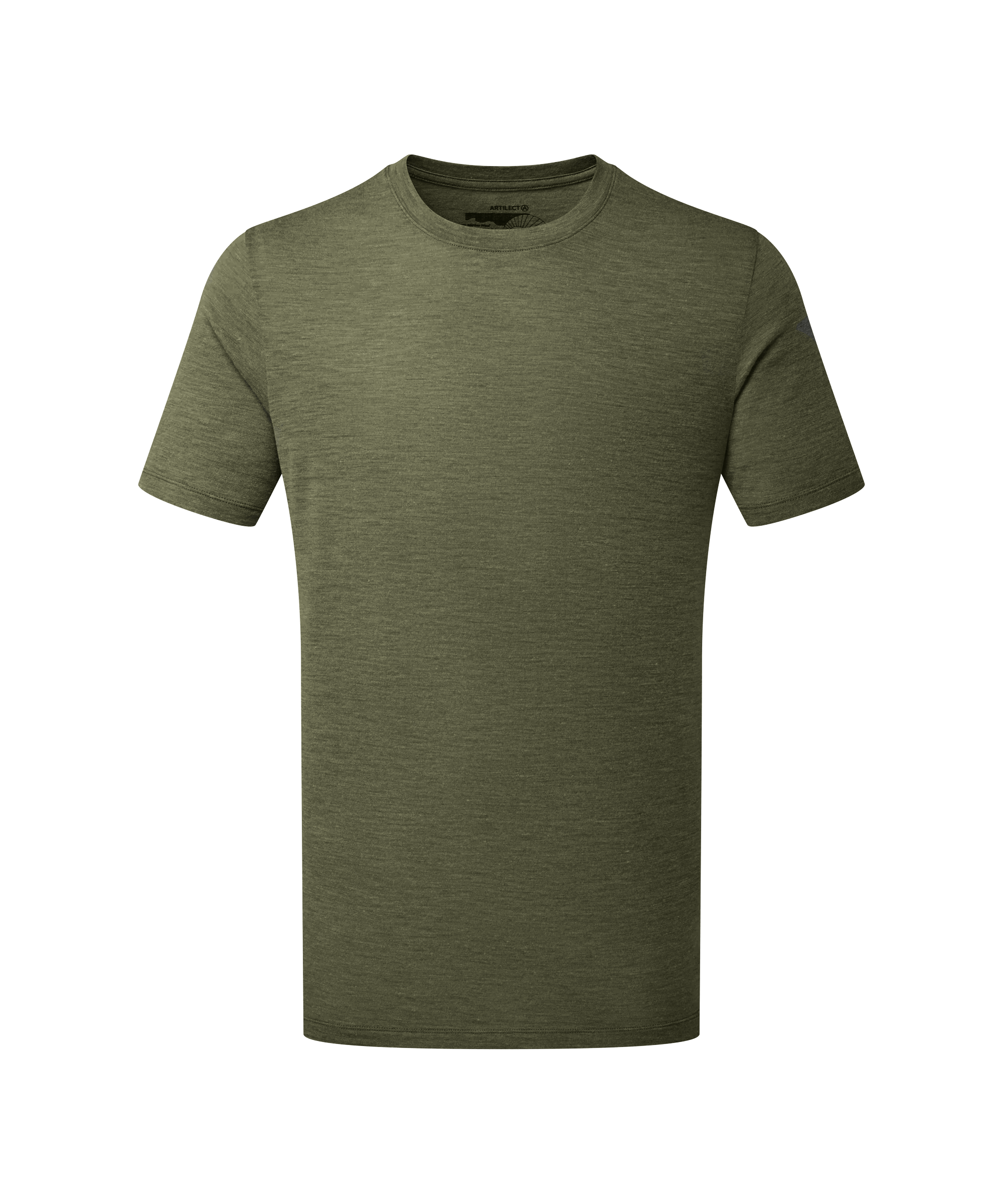 A plain olive-green short-sleeve T-shirt displayed on a white background in a flat, front-facing product view.