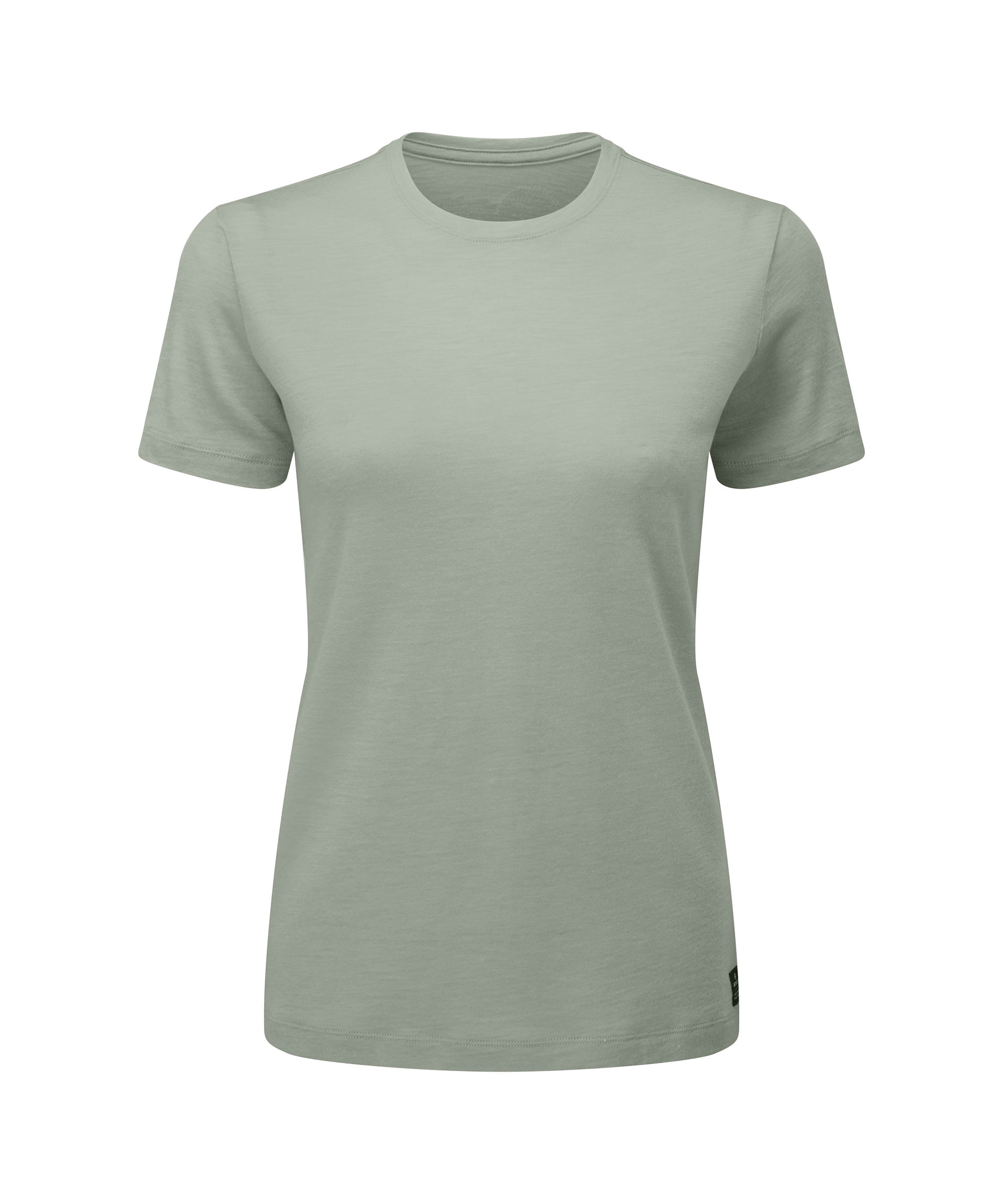 Women’s short‑sleeve crew‑neck T‑shirt in a light sage green colour, shown front‑facing on a white background. The shirt has a fitted silhouette with a smooth, lightweight fabric and a small woven brand tag at the lower hem
