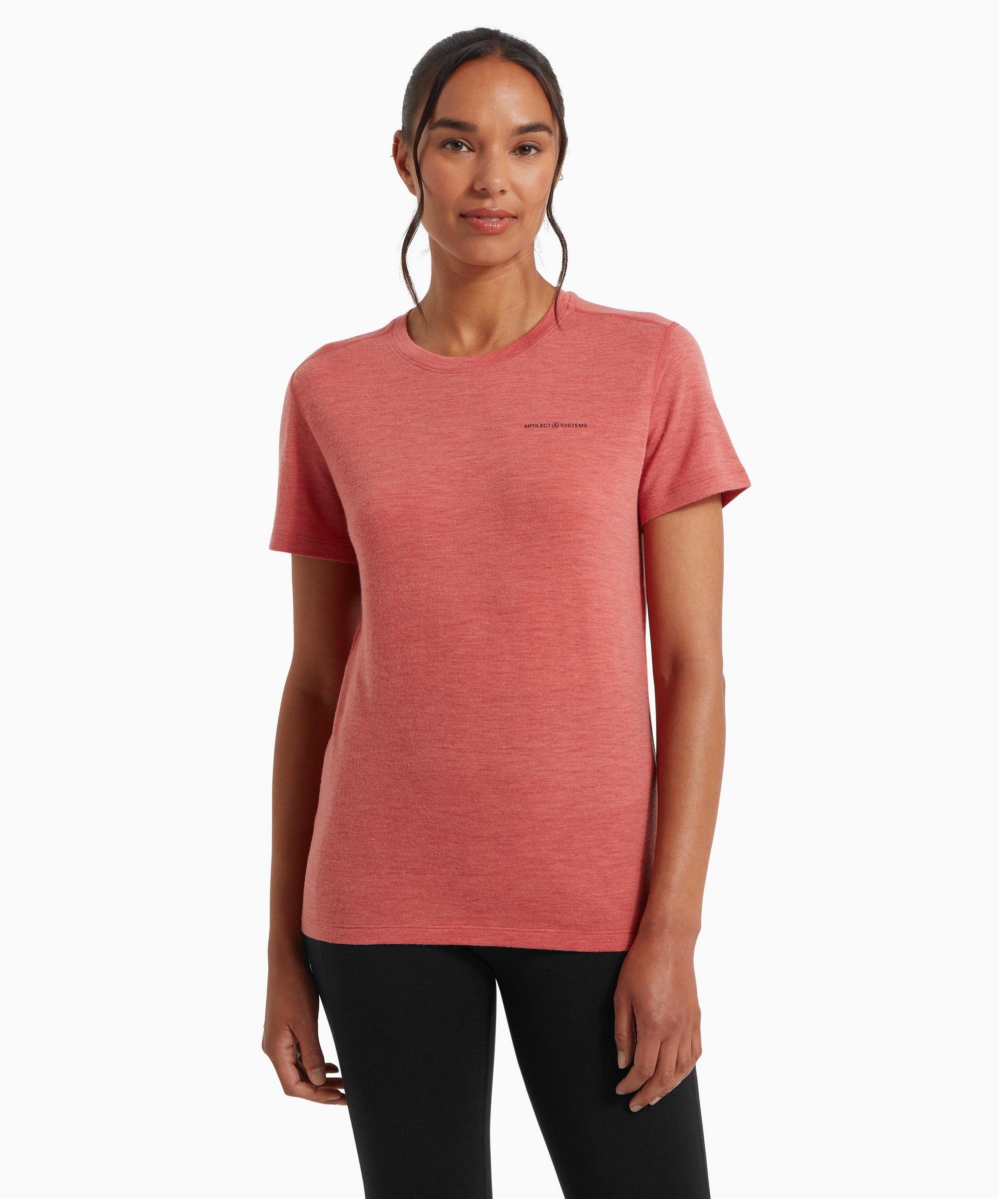 A women's fitted short‑sleeve T‑shirt in a muted coral pink color, shown in a flat front‑facing product view against a white background. The shirt features a small ARTILECT logo printed on the left chest.