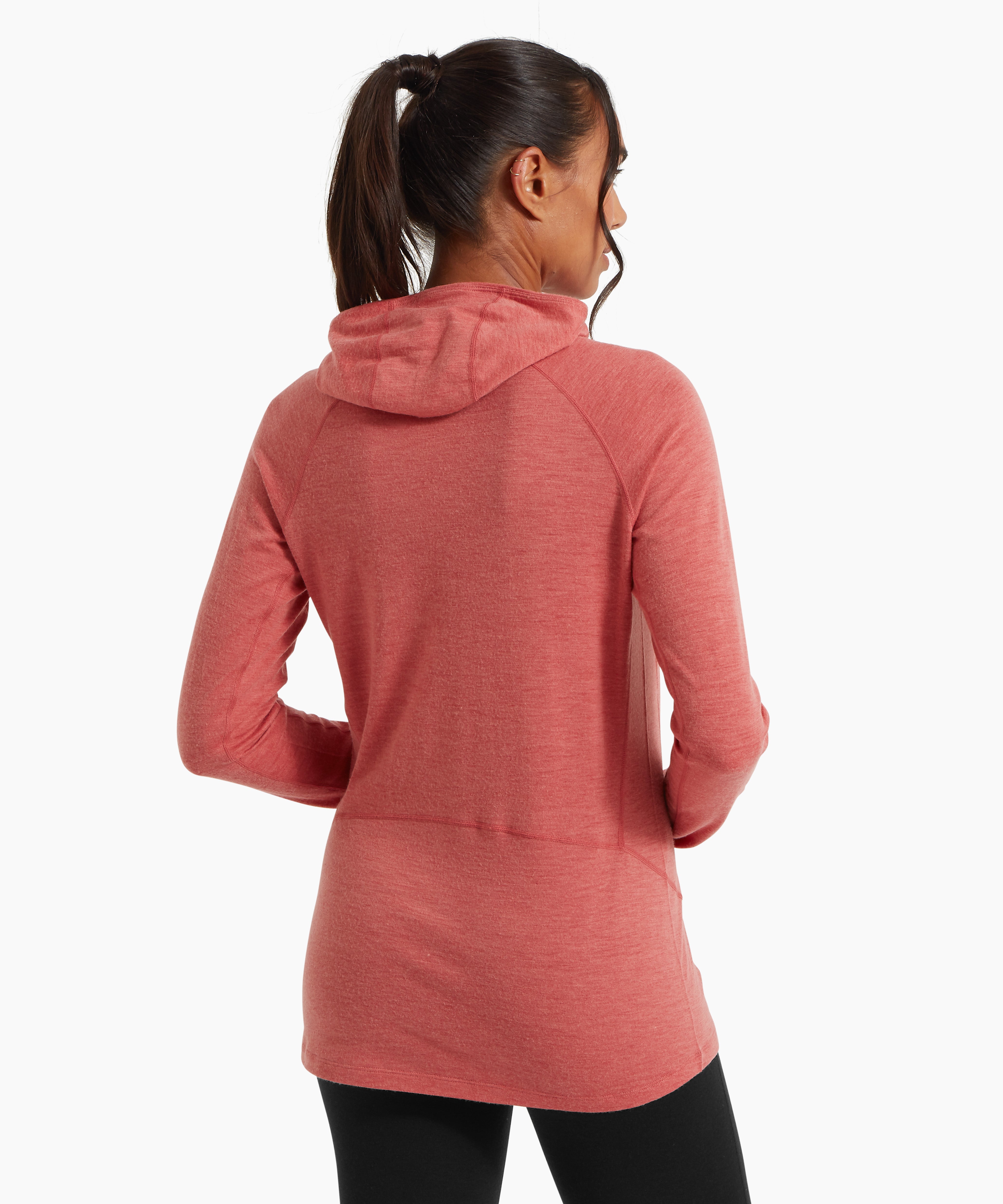 A close-up of the neckline and hood of a coral‑pink lightweight hooded top, showing the relaxed cowl-style hood and the small ARTILECT SYSTEMS logo on the left chest.